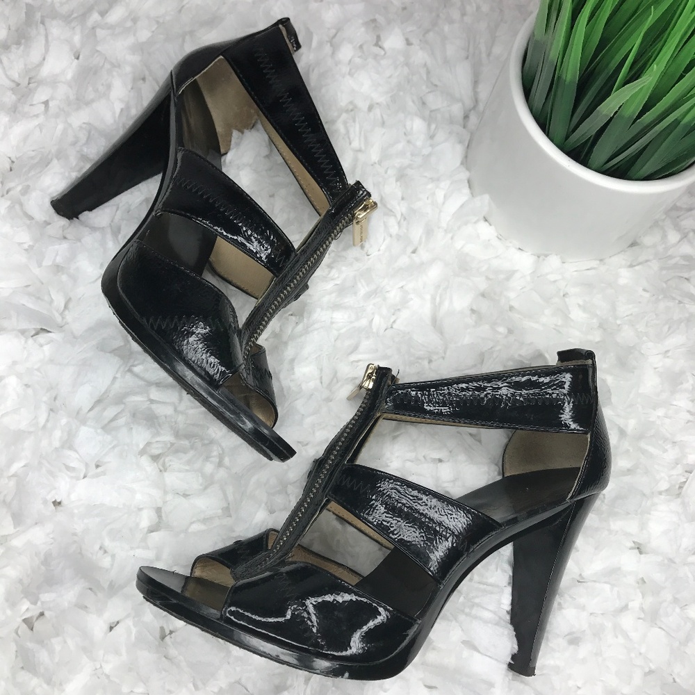 Michael Kors Black Patent Leather Zip Front High Heel Sandals